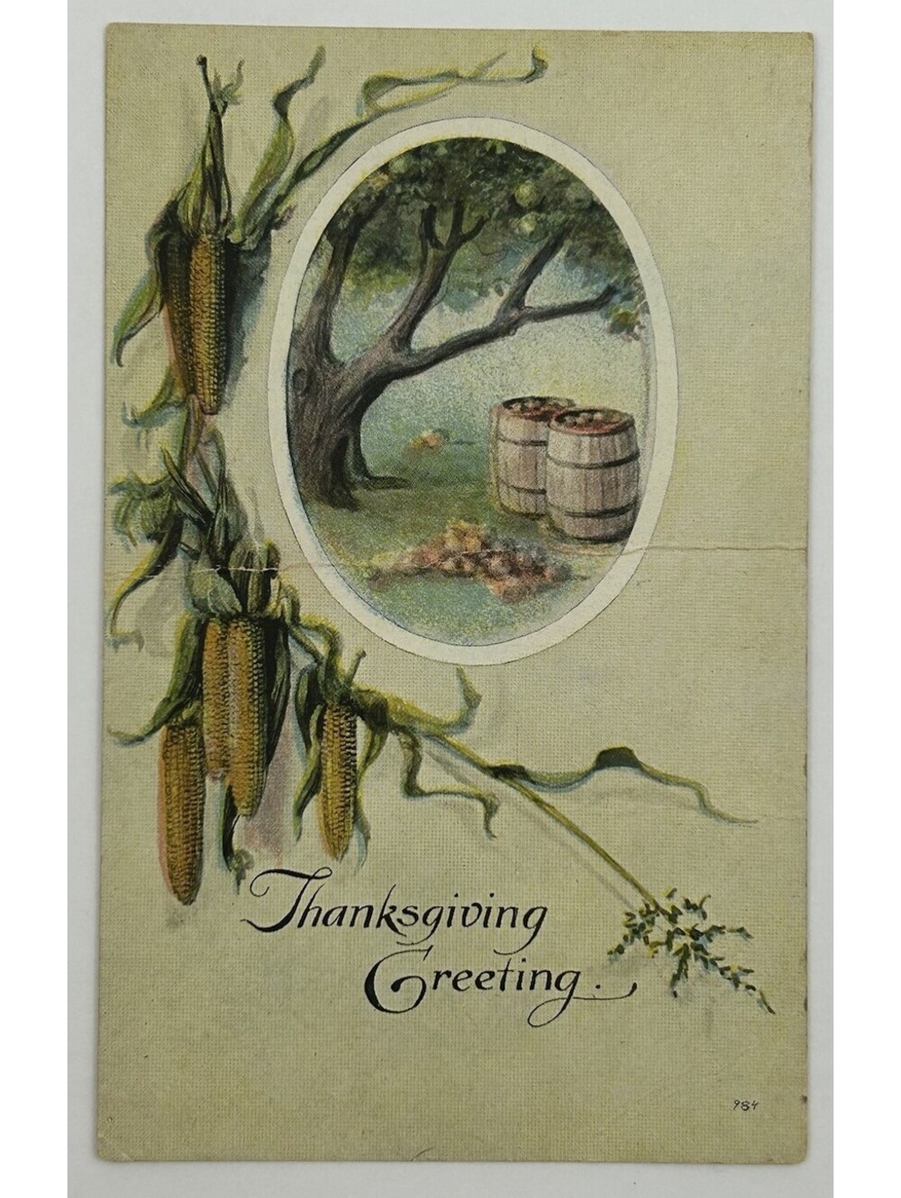 Vintage Thanksgiving Greeting Postcard Corn Stalk Apple Barrels Harvest 984 E-14